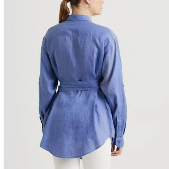 LAUREN RALPH LAUREN Relaxed Fit Belted Linen Shirt Copen Blue XS - Picture 3 of 13